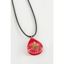 Papatya Oval Epoksi Kolye-Kırmızı