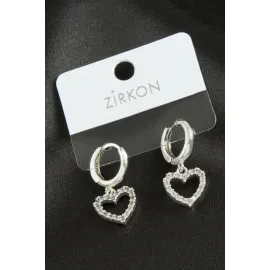 Kalp Zirkon Taşlı Küpe-Gümüş Rengi