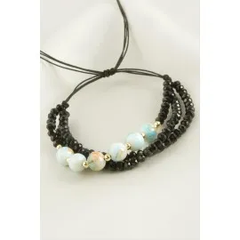 3Lü Kristal Boncuk Zincirli Bileklik-Açık Mavi