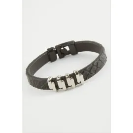 Zikzak Kaliteli Suni Deri Bileklik-Siyah