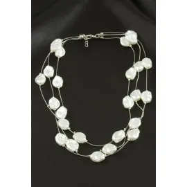 Oval İnci Üçlü Kolye-Gümüş Rengi