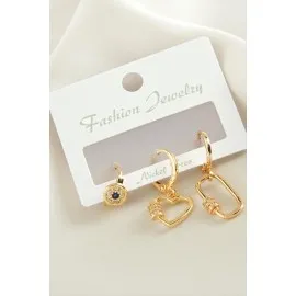 3 Adet Kalp Zirkon Taşlı Küpe-Sarı