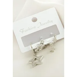 3 Adet Yıldız Zirkon Taşlı Küpe-Gümüş Rengi