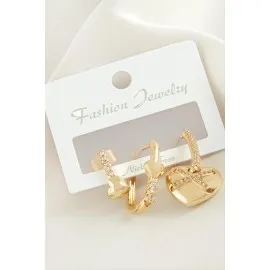 3 Adet Kalp Zirkon Taşlı Küpe-Sarı