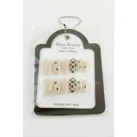 Desenli Mina Beauty Kedi Gözü Takma Tırnak-Krem