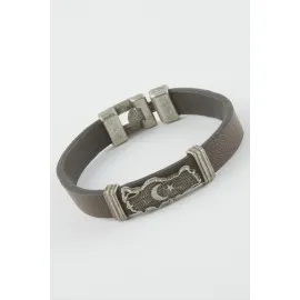 Ay Yıldız Suni Deri Bileklik-Kahverengi