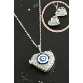 Kalp Nazar Kapaklı Zirkon Taşlı Çelik Kolye-Gümüş Rengi