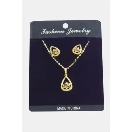 Oval Kartanesi Zirkon Taşlı Set Kolye-Renkli