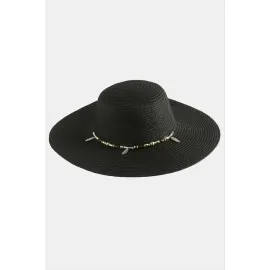 Yaprak Boncuklu Hasır Şapka-Siyah