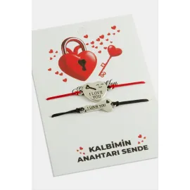 2 Adet Kalp Anahtar İp Bileklik-Gümüş Rengi