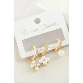 3 Adet Çiçek İnci Zirkon Taşlı Küpe-Sarı