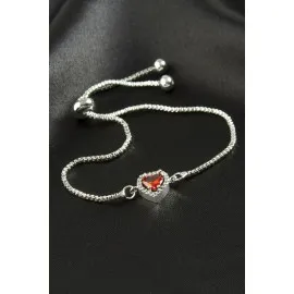 Kalp Zirkon Taşlı Asansörlü Bileklik  Ciddi İlişki Bilekliği-Kırmızı