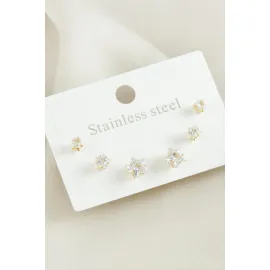 6 Adet Yıldız Zirkon Taşlı Çelik Küpe-Sarı