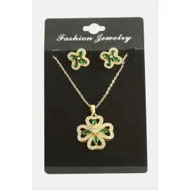 Çiçek Zirkon Taşlı Set Kolye-Yeşil