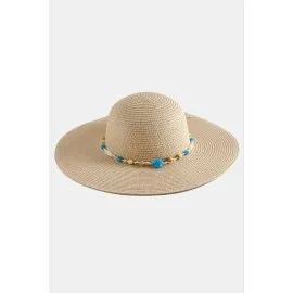 Boncuklu Hasır Şapka-Pudra Rengi