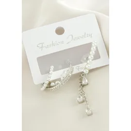 3 Adet İnci Zirkon Taşlı Küpe-Gümüş Rengi