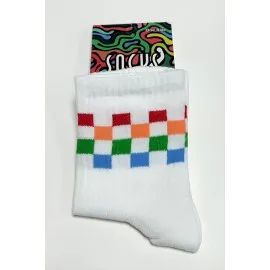 Renkli Küp Desenli Kolej Çorap 8X28-Beyaz