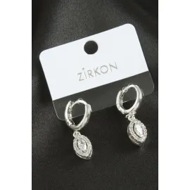 Oval Zirkon Taşlı Küpe-Gümüş Rengi