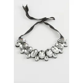 Oval Taşlı Yaka Kolye-Gümüş Rengi