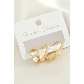 3 Adet Kalp İnci Zirkon Taşlı Küpe-Gümüş Rengi