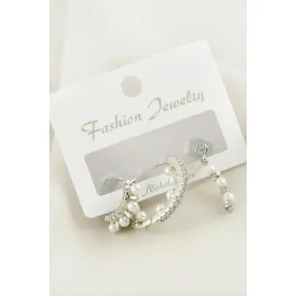 3 Adet Dorika İnci Zirkon Taşlı Küpe-Gümüş Rengi