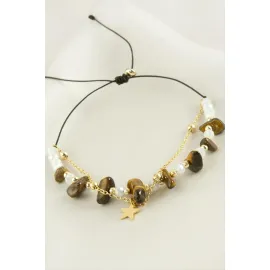 Yıldızı Kırık Doğaltaş Kristal Zincirli Bileklik-Kahverengi