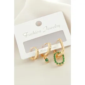 3 Adet Oval Zirkon Taşlı Küpe-Sarı