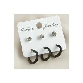 6 Adet Köşeli Taşlı Halka Küpe 1,5 Cm-Siyah