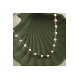 İnci Boncuk Kolye-Kırmızı