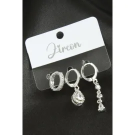 3 Adet Damla Zirkon Taşlı Küpe-Gümüş Rengi