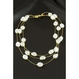 Oval İnci Üçlü Kolye-Gümüş Rengi