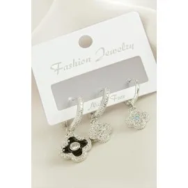 3 Adet Çiçek Zirkon Taşlı Küpe-Gümüş Rengi