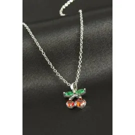 Kiraz Zirkon Taşlı Çelik Kolye-Gümüş Rengi