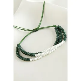 İncili Üçlü Kristal Bileklik-Yeşil