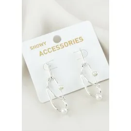 Oval İnci Metal Küpe-Gümüş Rengi