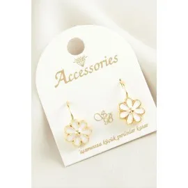 Çiçek Mineli Klipsi Küpe-Beyaz