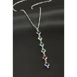 Kristal Taşlı Çelik Kolye-Gümüş Rengi