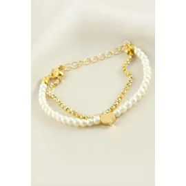 Kalp Şerit Taşlı İnci Bileklik-Sarı