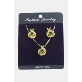 Gül Zirkon Taşlı Set Kolye-Yeşil