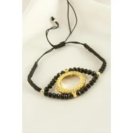 Çeyrek Altın Koyulabilir Kristal Taşlı Bileklik-Siyah