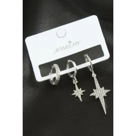 3 Adet Şimşek Zirkon Taşlı Küpe-Gümüş Rengi