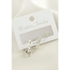 3 Adet Kalp Zirkon Taşlı Küpe-Gümüş Rengi