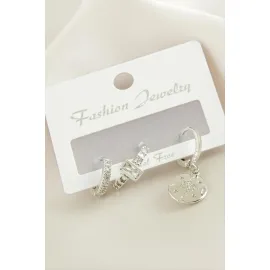 3 Adet Çiçek Zirkon Taşlı Küpe-Gümüş Rengi