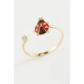 Uğur Böceği Mineli Taşlı Yüzük-Gümüş Rengi