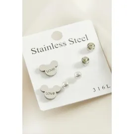 6 Adet Ayıcık Taşlı Çelik Küpe-Gümüş Rengi