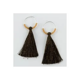 Simli Kristal Taşlı Halka Püskül Küpe-Sarı