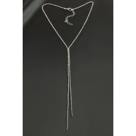 Çift Şerit Taşlı Çelik Kolye 2 mm-Gümüş Rengi