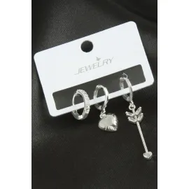 3 Adet Kalp Zirkon Taşlı Küpe-Gümüş Rengi