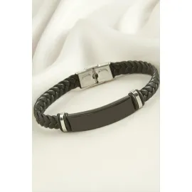 Örgülü İsim Yazılabilir Deri Çelik Bileklik-Siyah