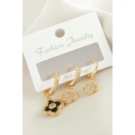 3 Adet Çiçek Zirkon Taşlı Küpe-Sarı